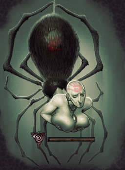 12_legs bald bent_arm big_breasts black_body breast_grab breast_squeeze breasts crossgender dark_body eyelashes female fingernails fingers glistening glistening_body glistening_breasts glistening_eyes half-closed_eyes hand_on_breast hand_on_own_breast hand_print hand_print_on_body hand_print_on_head iris jewelry light_body light_skin long_eyelashes looking_at_viewer mouth_closed mtf_crossgender multi_leg multi_limb nails narrowed_eyes necklace necklace_only nude nude_female nude_humanoid pendant smile smiling_at_viewer smirk smirking_at_viewer solo spider_web squeezing three-quarter_view upside_down vein veiny_body derekthegrundel bloodborne fromsoftware sony_corporation sony_interactive_entertainment patches_(fromsoftware) animal_humanoid arachnid arachnid_humanoid arthropod arthropod_humanoid humanoid spider_humanoid 2025 digital_drawing_(artwork) digital_media_(artwork) hi_res restricted_palette