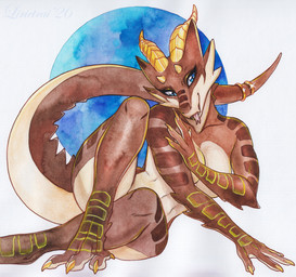 3_toes 4_fingers accessory anthro athletic athletic_anthro athletic_female bedroom_eyes bent_legs blue_background blue_eyes breasts brown_body brown_markings claws crossed_legs feet female fingers forked_tongue furgonomics horn jewelry leaning leaning_sideways long_tail looking_at_viewer markings narrowed_eyes nude nude_anthro nude_female pose ring seducing_viewer seductive simple_background solo tail tail_accessory tail_jewelry tail_ring tan_body toe_claws toes tongue tongue_out yellow_claws yellow_horn yellow_markings lirietrai jel_(mushugona) kobold scalie 2026 colored_sketch hi_res painting_(artwork) pinup signature sketch traditional_media_(artwork) traditional_painting_(artwork) traditional_watercolor_(artwork) watercolor_(artwork) watermark