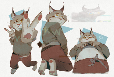 anthro belly clothed clothing clothing_lift embarrassed fur fur_markings gesture hand_gesture low-angle_view male markings navel onesie pawpads paws rear_view simple_background slightly_chubby smile tail text v_sign visible_underwear whiskers worm's-eye_view cruepocket disney zootopia pawbert_lynxley felid feline lynx mammal artist_name hi_res