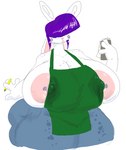 antennae_(anatomy) anthro apron areola big_areola big_breasts bodily_fluids bottomwear breasts clothing denim denim_bottomwear denim_clothing dual_holding female freckles green_apron green_clothing hair holding_binder holding_object holding_pen huge_areola huge_breasts jeans lactating long_ears nipple_piercing nipples notebook pants pen pencil_(object) piercing purple_hair solo thick_thighs wet wet_clothing writing_utensil cartoonmeat i_mean_breast_milk starbucks lilia_(cartoonmeat) lagomorph mammal space_bunny meme