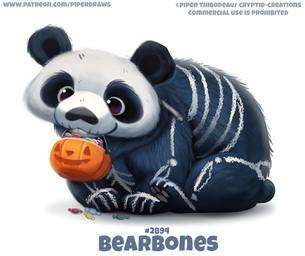 ambiguous_gender black_body black_fur bodypaint bone bucket candy clothing container costume dessert feral food fur halloween_costume holidays humor jack-o'-lantern pawpads pun purple_eyes rib_cage simple_background skeleton smile solo text visual_pun white_background white_body white_fur piper_thibodeau halloween bear giant_panda mammal digital_media_(artwork) digital_painting_(artwork) english_text painting_(artwork) url