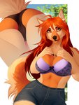 anthro bra breasts clothed clothing day detailed_background eyebrows eyelashes female fur hair lingerie looking_at_viewer orange_body orange_fur outside red_hair sky smile solo tan_body tan_fur underwear lynjox hera_(hera) canid canine canis domestic_dog german_shepherd herding_dog mammal pastoral_dog 2021 digital_media_(artwork) hi_res