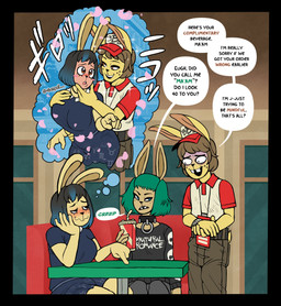 anthro beverage big_breasts biped black_hair blush breasts clothed clothing daydream dialogue dress eyelashes female freckles green_hair group hair hat headgear headwear heart_symbol holding_beverage holding_object inside male male/female pupils smile speech_bubble text trio ponehanon big_bun_burgers dale_(ponehanon) lagomorph leporid mammal rabbit english_text hi_res