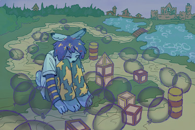 ambiguous_gender anthro balloon blue_body blue_hair bottomwear clothed clothing colored_nails detailed_background eyes_closed forest fully_clothed grass hair inflatable longsleeve nails nature nature_background outside painted_background pants pattern_clothing pattern_topwear plant sad shirt sitting solo striped_clothing striped_topwear stripes t-shirt topwear toy tree dvoykin hare lagomorph leporid mammal rabbit 2025 3:2 hi_res redraw