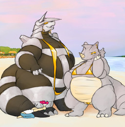 anthro beach belly big_tail bikini biped blush bouquet breasts claw_fingers claws clothed clothing curvy_figure day detailed_background duo_focus ear_piercing ear_ring ear_stud eyes_closed eyeshadow faceless_character faceless_human facial_horn female flower frown gold_bikini group holding_bouquet holding_flower holding_object hoop_ear_ring horn kneeling larger_anthro larger_female long_tail looking_away makeup nose_horn one-piece_swimsuit open_mouth open_smile outside overweight overweight_anthro overweight_female piercing plant pokemorph ring_piercing sea short_legs shy size_difference sling_bikini small_breasts smaller_human smile standing swimwear tail thick_tail thick_thighs trio two-piece_swimsuit water yellow_eyeshadow dorkass golden_week nintendo pokemon aggron generation_1_pokemon generation_3_pokemon human mammal pokemon_(species) rhydon 2024 digital_drawing_(artwork) digital_media_(artwork)