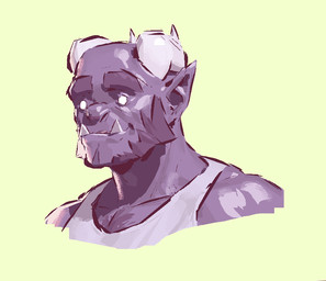 2_horns beard body_hair chest_hair closed_smile clothing empty_eyes eyebrows facial_hair front_view head_horn horn humanoid_pointy_ears looking_aside male mouth_closed pointy_ears shirt simple_background smile solo tank_top thick_eyebrows topwear underbite white_eyes yellow_background kingarthur_i ior_(kingarthur_i) humanoid 2023 bust_portrait digital_drawing_(artwork) digital_media_(artwork) portrait restricted_palette