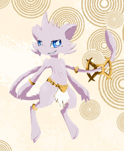 3_toes 4_fingers accessory ambiguous_gender blue_eyes bottomwear clothed clothing feet fingers fur furgonomics gold_(metal) jewelry loincloth looking_at_viewer pink_body pink_fur ring smile smiling_at_viewer tail tail_accessory tail_jewelry tail_ring toes topless tuft shadowsoulful nintendo pokemon fan_character generation_1_pokemon legendary_pokemon mew_(pokemon) pokemon_(species) 2025 absurd_res cel_shading hi_res lineless shaded