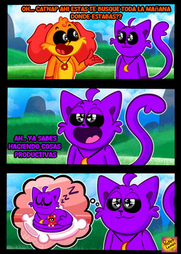 anthro duo male orange_body pillow plushie purple_body sleeping tail text rocketlennon mob_entertainment poppy_playtime smiling_critters bobby_bearhug catnap_(poppy_playtime) dogday_(poppy_playtime) canid canine canis domestic_cat domestic_dog felid feline felis mammal absurd_res comic hi_res spanish_text