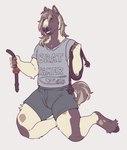 anthro bottomwear brat_taming clothing fur holding_ball_gag holding_object holding_rope hooves male mane mottled mottled_body mottled_fur piebald piebald_body piebald_fur rope shirt shorts smile smirk solo tail text text_on_clothing text_on_shirt text_on_topwear topwear kinksiyo murphythehonse clydesdale draft_horse equid equine horse mammal hi_res