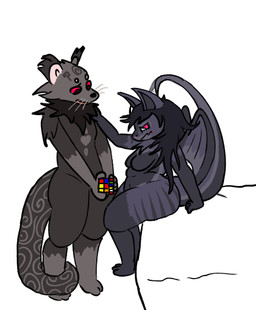 belly big_butt breasts butt confusion duo female humor male prehensile_tail size_difference slightly_chubby tail thick_thighs wings blarfolemule rubik's_cube blarf_(blarfolemule) zoe_(zyereix) avian binturong bird canid canine chimera corvid fox hybrid lizard mammal oscine passerine reptile scalie viverrid