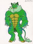 animal_genitalia anthro areola armpit_hair ball_tuft balls beady_eyes biped blue_stripes body_hair casual_nudity claws cloven_hooves darkened_balls darkened_genitalia ear_piercing ear_tag feathering finger_claws fully_sheathed fur genitals green_body green_fur green_nipples hair hands_on_hips hooves inner_ear_fluff male muscular muscular_anthro muscular_male nipples nude open_mouth piercing ruff scales sheath simple_background smile solo stripes tail tail_tuft tuft tusks unguligrade ventral_scales whiskers white_background littlestfuzz byrne_(littlestfuzz) fuzzmonster absurd_res hi_res marker_(artwork) traditional_media_(artwork)