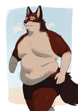 5_fingers anthro belly_jiggle biped black_fur_markings bodily_fluids breath brown_pupils clothed clothing double_chin exercise facial_tuft fingers fur jiggling jogging love_handles male male_anthro moobs multicolored_body multicolored_fur overweight overweight_anthro overweight_male panting pupils red_body red_fur simple_background solo sweat sweatdrop tail thick_arms thick_thighs topless topless_anthro topless_male tuft fattybread echo_(game) echo_(series) echo_project leo_alvarez canid canine canis mammal wolf hi_res