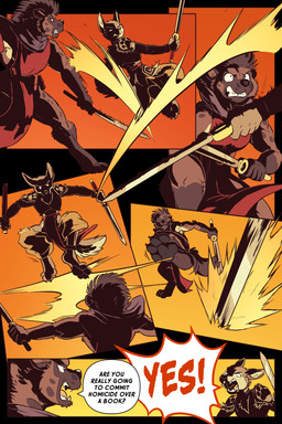 anthro barefoot claws clothing dialogue digitigrade dramatic_lighting feet female jumping male melee_weapon motion_blur pawpads paws scabbard soles sword swordfight tattoo teeth text toe_claws tongue torn_clothing weapon yelling rick_griffin in_the_new_age the_witch_of_kurikuto ideka toka_(rick_griffin) canid canine canis hyena mammal wolf 2024 2:3 comic english_text hi_res
