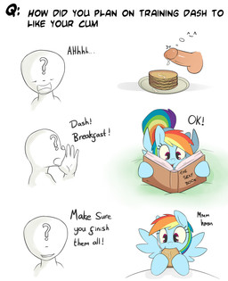 ^_^ bestiality blue_body blue_feathers blue_fur bodily_fluids book breakfast cum cutie_mark dialogue duo eating erection eyes_closed feathered_wings feathers female female_on_human feral food fur genital_fluids genitals hair human_on_feral humanoid_genitalia humanoid_penis interspecies male male_on_feral multicolored_hair pancake penis purple_eyes rainbow_hair smile tail text thick_penis wings grumblepluck friendship_is_magic hasbro my_little_pony mythology anon rainbow_dash_(mlp) equid equine human mammal mythological_creature mythological_equine pegasus comic english_text hi_res