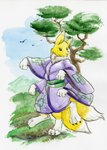 anthro asian_clothing clothing east_asian_clothing female grass japanese_clothing kimono multi_arm multi_leg multi_limb multi_tail outside plant solo tail tree walking cervelet bandai_namco digimon canid digimon_(species) mammal renamon hi_res