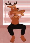 5_fingers 5_toes anthro antlers barefoot clothed clothing clothing_lift clothing_pull feet fingers horn humanoid_feet humanoid_hands male nipples plantigrade shirt shirt_lift sitting solo toes topwear 3rdharleyjoe beastars louis_(beastars) cervine deer mammal red_deer 2020 hi_res