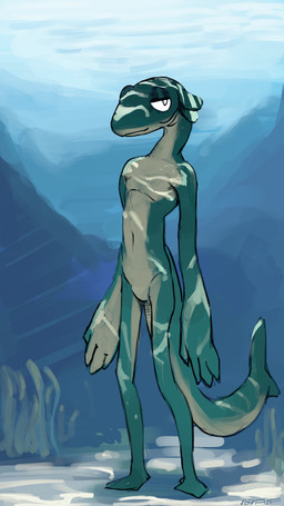 anthro biped caustics detailed_background featureless_chest featureless_crotch fin fully_submerged gills half-closed_eyes male male_anthro narrowed_eyes nude nude_anthro nude_male outside sea_grass solo standing tail tail_fin text underwater water 7b7a2f aquatic fish 2025 absurd_res artist_name digital_media_(artwork) hi_res