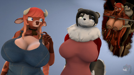 anthro big_breasts bodily_fluids braided_pigtails breast_milking breasts clothing daydream duo female horn huge_breasts imagining inside lactating mature_female milk milk_machine neckfluff nipples nude overalls revamped_anthros shirt slightly_chubby slightly_chubby_female topwear donglysfm chase_(donglysfm) freya_(donglysfm) border_collie bovid bovine canid canine canis cattle collie domestic_dog herding_dog mammal pastoral_dog sheepdog 3d_(artwork) 4k absurd_res digital_media_(artwork) hi_res source_filmmaker_(artwork)