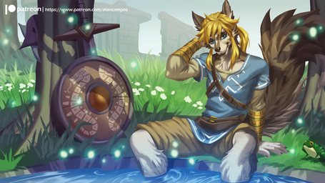 anthro anthrofied blonde_hair blue_eyes clothed clothing flower fully_clothed grass hair looking_at_viewer male melee_weapon patreon_logo plant shield solo sword text weapon website_logo alanscampos nintendo patreon the_legend_of_zelda link_(wolf_form) canid canine canis mammal wolf 16:9 2019 digital_media_(artwork) hi_res url widescreen
