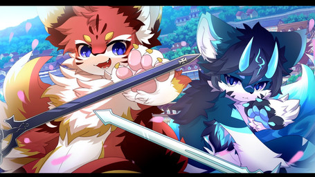 2_horns anthro big_eyes biped black_hair blue_body blue_fur blue_horn cute_fangs duo fangs fur hair holding_melee_weapon holding_object holding_sword holding_weapon horn kemono looking_at_viewer male melee_weapon orange_body orange_fur purple_eyes slim_anthro slim_male sword teeth weapon white_body white_fur hlg7777 canid canine fox mammal 2021