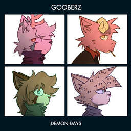 anthro antlers cigarette female group horn looking_at_viewer male parody side_view text mochaderg demon_days gorillaz mythology fir_(mochaderg) lumi_(mochaderg) sylvie_(mochaderg) zoey_(mochaderg) ailurid dragon felid hybrid mammal mythological_creature mythological_scalie pantherine red_panda scalie snow_leopard album_cover cover english_text meme