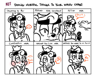 anthro blush bow_(feature) bow_tie chart clothing dialogue disembodied_hand duo electronics hat headgear headwear machine male microphone simple_background solo_focus speech_bubble text top_hat white_background inkyfrog five_nights_at_freddy's five_nights_at_freddy's_2 scottgames waifu_chart toy_freddy_(fnaf) animatronic bear mammal robot 2016 english_text meme