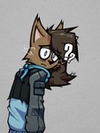 2024 3:4 anthro bandanna brown_body brown_fur brown_hair clothed clothing crooked_whiskers cropped_jacket digital_drawing_(artwork) digital_media_(artwork) domestic_cat ear_tuft eve_hayden eye_bags eyebrow_through_hair eyebrows felid feline felis female fur grey_background hair hi_res howyabenn kerchief layered_clothing long_hair looking_at_viewer looking_back mammal messy_hair neckerchief pockets pupils question_mark rear_view shaded simple_background solo stray_hairs stylized_shading textured textured_background tired_eyes translucent translucent_hair tuft watermark whiskers white_pupils
