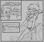 anthro bikini blush clothing duo female humor male outside scared swimwear text two-piece_swimsuit water wave w0lfmare bloodline_(webcomic) bernin_(bloodline) ember_(bloodline) canid canine canis mammal wolf 2020 english_text hi_res monochrome sketch