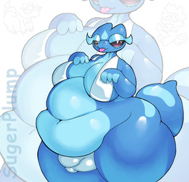 anthro belly big_belly big_breasts bikini blue_body breasts bulge clothing detailed_bulge eyeshadow front_view genital_outline glistening glistening_body gynomorph half-closed_eyes intersex latex makeup narrowed_eyes navel overweight overweight_anthro overweight_gynomorph overweight_intersex penis_outline simple_background solo swimwear tail thick_thighs tongue tongue_out two-piece_swimsuit white_background white_bikini white_clothing white_swimwear sugerplump nintendo pokemon pokemon_winds_and_waves gecqua generation_10_pokemon pokemon_(species) 2026 hi_res trans_(lore) trans_woman_(lore)