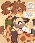 anthro biped black_nose blush brown_body brown_fur clothed clothing cute_fangs dialogue duo fangs female fur male midriff multicolored_body multicolored_fur navel one_eye_closed open_mouth open_smile orange_body orange_fur sitting smile speech_bubble spots tail tan_body tan_fur teeth text tickling jayrnski ollie_(jayrnski) sav_(jayrnski) giraffe giraffid hyena mammal english_text hi_res