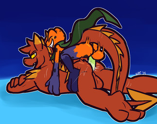 3_fingers 3_toes anthro anthro_on_anthro anthro_penetrated anthro_penetrating anthro_penetrating_anthro balls blue_background bodily_fluids crossed_arms cum cum_from_ass cum_in_ass cum_inside feet fingers from_behind_position genital_fluids genitals green_penis green_scarf grin half-erect horn larger_anthro larger_male larger_penetrated looking_at_another looking_back lying male male/male male_on_bottom male_on_top male_penetrated male_penetrating male_penetrating_male mostly_nude on_bottom on_front on_top orange_balls orange_body orange_horn orange_scales orange_skin penetration penis perineum prone_bone_position pupils purple_body purple_skin red_balls red_body red_perineum red_scales scales scarf scarf_only sex simple_background size_difference smaller_anthro smaller_male smile smirk speed_bump_position toes white_pupils yellow_eyes yellow_sclera ultilix oak_(krypton) odilo_(krypton) amphibian frog lizard reptile scalie 2026