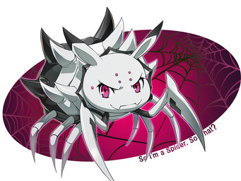 8_eyes 8_legs antennae_(anatomy) arthropod_abdomen black_body female feral looking_at_viewer mouth_closed multi_eye multicolored_body pink_eyes smile smiling_at_viewer smirk smirking_at_viewer solo spider_web spiked_abdomen spikes spikes_(anatomy) text three-quarter_view two_tone_body white_body nyoro00000000 so_i'm_a_spider_so_what? kumoko arachnid arthropod spider copyright_name full-length_portrait portrait