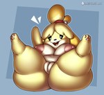 anthro areola big_breasts big_butt breasts butt female gesture huge_breasts huge_butt nipples overweight overweight_anthro overweight_female pink_areola pink_nipples short_stack solo spread_legs spreading waving waving_at_viewer waving_hand wide_hips orangejuicemann animal_crossing nintendo isabelle_(animal_crossing) canid canine canis domestic_dog mammal 2025 absurd_res hi_res