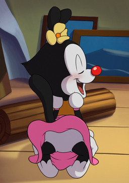 anthro black_body black_fur blush bottomwear butt clothed clothing dress female flower flower_accessory fur gloves handwear loli open_mouth panties plant red_nose scene_interpretation shaking_butt solo tail underwear upskirt white_body white_clothing white_fur white_panties white_underwear young young_anthro young_female minum animaniacs warner_brothers dot_warner inkblot absurd_res hi_res