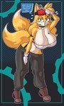 anthro big_breasts blue_eyes bottomwear bra breasts clothed clothing dialogue_at_source eyewear female footwear fur gloves goggles handwear looking_at_viewer oil pants shoes smile solo tail text tools underwear wrench owl_pie sega sonic_the_hedgehog_(series) miles_prower canid canine fox mammal absurd_res digital_media_(artwork) hi_res