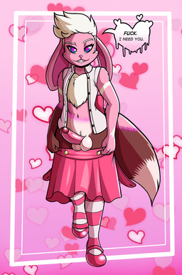 anthro aroused aroused_face balls bottomwear clothed clothing crossdressing dialogue femboy floppy_ears fur genitals heart_eyes heart_symbol humanoid_genitalia humanoid_penis legwear male multicolored_body multicolored_fur pattern_clothing pattern_legwear penis pink_body pink_bottomwear pink_clothing pink_fur pink_skirt skirt solo striped_clothing striped_legwear stripes text two_tone_body two_tone_fur undressing undressing_self fourssss diana_bunfox canid canine domestic_rabbit fox hybrid lagomorph leporid mammal oryctolagus rabbit 2025 digital_drawing_(artwork) digital_media_(artwork) english_text hi_res nonbinary_(lore)