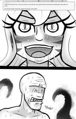 blonde_hair bodily_fluids cum cum_on_face duo female genital_fluids hair male not_furry open_mouth saliva sweat tentacles text tongue livesmutanon /mlp/ hasbro my_little_pony anon human mammal 2013 9:14 comic english_text hi_res monochrome