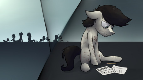 ambiguous_gender blood bodily_fluids body_writing bone dark depression feral group happy heart_symbol male paper pencil_(object) self-harm silhouette sitting skeleton smile solo_focus text writing_on_back writing_on_chest writing_on_face marsminer hasbro my_little_pony fan_character pone_keith earth_pony equid equine horse mammal pony 2016 digital_media_(artwork) english_text hi_res