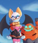 anthro bdsm blush bondage bound breasts cleavage clothed clothing crotch_rope duo female fully_clothed gag gagged grin hands_tied machine orange_body restraints rope rope_bondage smile star tan_body tan_skin tape tape_gag wings boundlightning sega sonic_the_hedgehog_(series) rouge_the_bat badnik bat egg_pawn mammal absurd_res hi_res