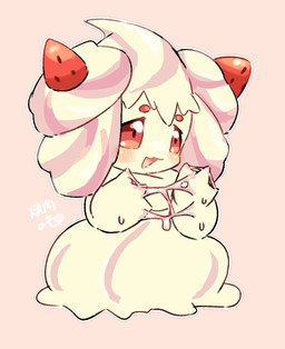 ambiguous_gender apron clothing female feral food fruit liquid pink_body plant pseudo_clothing pseudo_hair simple_background solo strawberry yakiniku628 nintendo pokemon alcremie generation_8_pokemon humanoid pokemon_(species) strawberry_sweet_alcremie vanilla_cream_alcremie