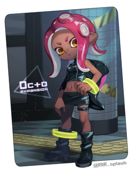 5_fingers backpack boots breasts clothing dark_body dark_skin female fingers footwear humanoid_pointy_ears looking_at_viewer navel pointy_ears pseudo_hair shoes solo tentacle_hair tentacles text yellow_eyes iria_(yumeirokingyo) nintendo splatoon agent_8_(splatoon) animal_humanoid aquatic aquatic_humanoid cephalopod cephalopod_humanoid humanoid mollusk mollusk_humanoid octarian octoling english_text signature