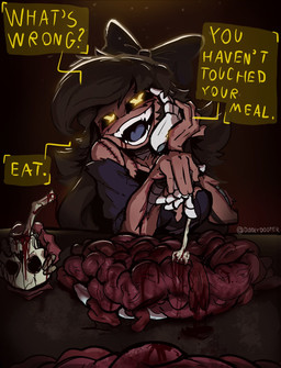 4_hands arm_tattoo bare_shoulders big_breasts black_clothing black_dress black_hair black_sclera blood blood_from_mouth blood_in_mouth blood_on_table blue_tongue bodily_fluids bone bow_ribbon brain breasts brown_body brown_skin clothing command corpse corset cutlery date date_pov dialogue dinner disguise dominant dominant_female dress drinking_straw evil_face evil_grin fangs female flirting flirting_with_viewer food fork furniture glowing glowing_eyes gore grey_body grey_tongue guts hair hand_on_face holding_face holding_fork intestines kitchen_utensils lines_on_body lingerie long_hair looking_at_viewer machine meat metal metallic_body multi_hand narrowed_eyes nightmare_fuel open_mouth open_smile organs pigtails plate question_mark scar scars_all_over screen screen_face seam_(sewing) segmented_body sharp_teeth simple_background skinsuit smile solo speech_bubble stitch_(sewing) surgical_suture table tattoo teeth text tight_clothing tongue tools topwear twintails_(hairstyle) white_body x_eyes yellow_eyes yellow_text diddlydooter1 glitch_productions murder_drones cyn_(murder_drones) tessa_(murder_drones) eldritch_abomination human humanoid mammal patchwork_creature robot robot_humanoid undead worker_drone zombie artist_name digital_drawing_(artwork) digital_media_(artwork) hi_res signature