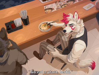 anthro black_clothing black_nose black_topwear black_vest bottomwear bowl clothed clothing container dipstick_ears ear_markings fangs food fur grey_bottomwear grey_clothing grey_pants group hair high-angle_view looking_at_viewer male multicolored_ears noodles open_mouth pants pattern_bottomwear pattern_clothing pattern_pants ramen red_body red_eyes red_fur red_hair short_hair sitting solo_focus striped_bottomwear striped_clothing striped_pants stripes teeth text three-quarter_view topwear trio unsigned vest white_clothing white_hair white_topwear corzh77 canid canine canis mammal wolf absurd_res english_text hi_res
