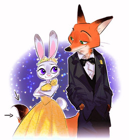 anthro black_tie_(suit) bow_tie clothed clothing dress duo eyebrows female fur green_eyes grey_body grey_fur long_ears male multicolored_body multicolored_fur narrowed_eyes orange_body orange_fur purple_eyes scut_tail short_tail suit tail tan_body tan_fur meatballs_5u disney zootopia judy_hopps nick_wilde canid canine fox lagomorph leporid mammal rabbit