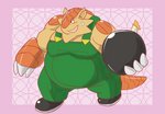 anthro belly bodily_fluids bomb brown_body clothing explosives kemono male overalls overweight overweight_anthro overweight_male solo sweat 00murice bandai_namco klonoa_(series) pango_(klonoa) mammal pangolin 2013