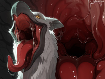 anthro beak bodily_fluids drooling fangs feathers female feral fur male mane mouth_shot open_beak open_mouth red_mouth saliva saliva_on_tongue snout solo teeth throat tongue tongue_out vore white_body white_feathers white_fur yellow_eyes hoffersanchez forge_(slacker104) avian bird hybrid hi_res