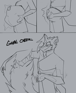 ambiguous_gender anthro bodily_fluids clothed clothing digestion drooling duo game_over gameplay_mechanics male male_pred rapid_digestion saliva smug standing tail tail_mouth text unusual_anatomy unusual_tail vore topazknight jeremy_(topazknight) mammal mephitid skunk absurd_res comic digital_media_(artwork) english_text hi_res