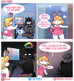 :3 angry anthro big_breasts black_body black_fur black_hair blonde_hair blush bodily_fluids breasts brown_ear_tips buckteeth cheek_tuft cleavage clothed clothing computer dialogue dipstick_ears door dress ear_markings ears_up electronics empty_eyes eye_contact eyelashes eyes_closed eyeshadow facial_tuft female female_anthro fur furgonomics gaming gaming_chair gradient_background grey_body grey_fur hair inside looking_at_another makeup markings mole_(marking) mole_on_breast mole_under_mouth monitor moon multicolored_ears musical_symbol nervous nervous_smile nervous_sweat night open_:3 owo pattern_clothing pattern_sweater pattern_topwear pink_clothing pink_dress pink_eyeshadow pink_nose playing_video_game short_hair simple_background sitting smile standing striped_clothing striped_sweater striped_topwear stripes stuttering sweat sweater symbol tail teeth text topwear tuft white_body white_fur onigiri_punch blizzard_entertainment overwatch lagomorph leporid mammal procyonid rabbit raccoon absurd_res comic english_text hi_res