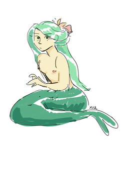 breasts female green_eyes green_hair hair long_hair looking_at_viewer solo split_form xiunens mermay aquatic fish humanoid merfolk 2018 absurd_res digital_drawing_(artwork) digital_media_(artwork) hi_res