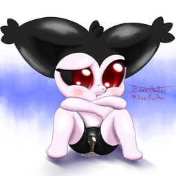 anthro big_ears black_body black_fur black_sclera bodily_fluids bottomwear clothing crouching female fur genital_fluids looking_down pants peeing pubic_mound red_eyes shorts simple_background solo spandex spandex_shorts spread_legs spreading tight_bottomwear tight_clothing tight_shorts urine wet wet_bottomwear wet_clothing wet_pants wetting white_body young izzipurrito izzi_(izzipurrito) domestic_cat felid feline felis mammal 1:1 absurd_res hi_res